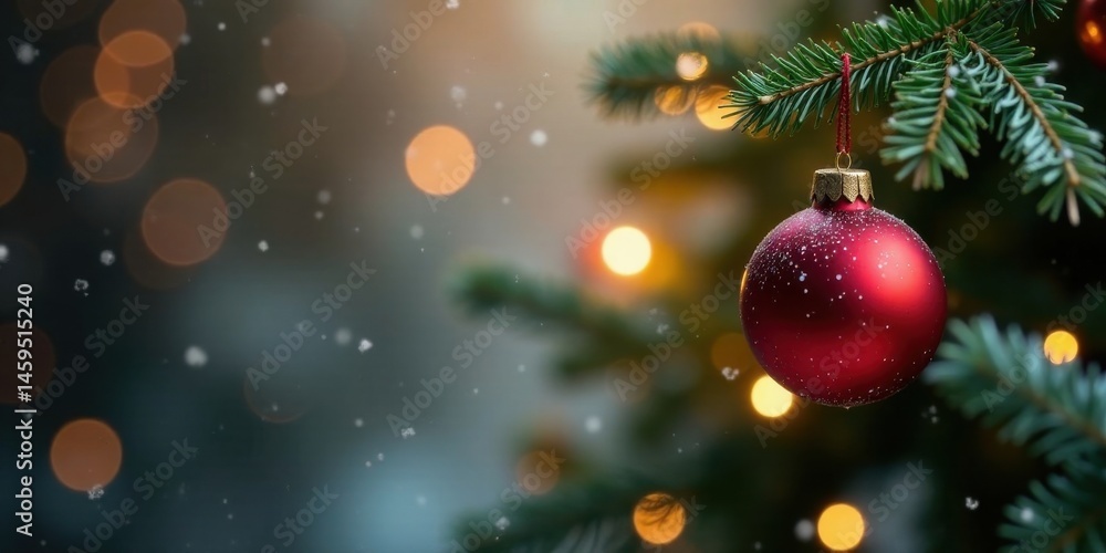 A Festive Red Ornament Adorned with Sparkling Snowflakes Hangs from a Christmas Tree Branch, Illuminated by Warm, Soft Lights in a Winter Wonderland Setting A Festive Red Ornament Adorned with Sparkling Snowflakes Hangs from a Christmas Tree Branch, Illuminated by Warm, Soft Lights in a Winter Wonderland Setting