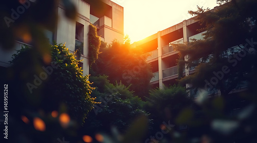  modern brutalism building with lush greenery, created by generative ai