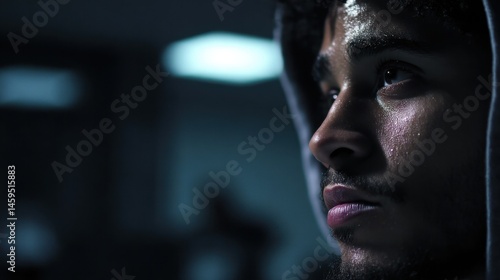 Close-up of a sweaty man in a grey hoodie looking upward with a blurred dark background
