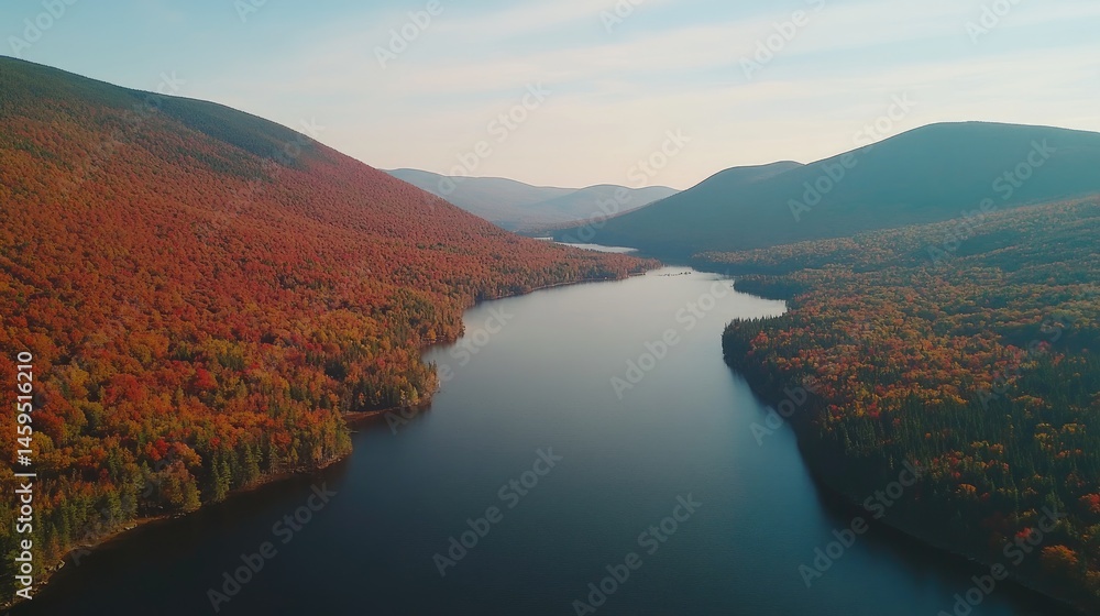 Naklejka premium Serene autumnal valley with a winding lake.