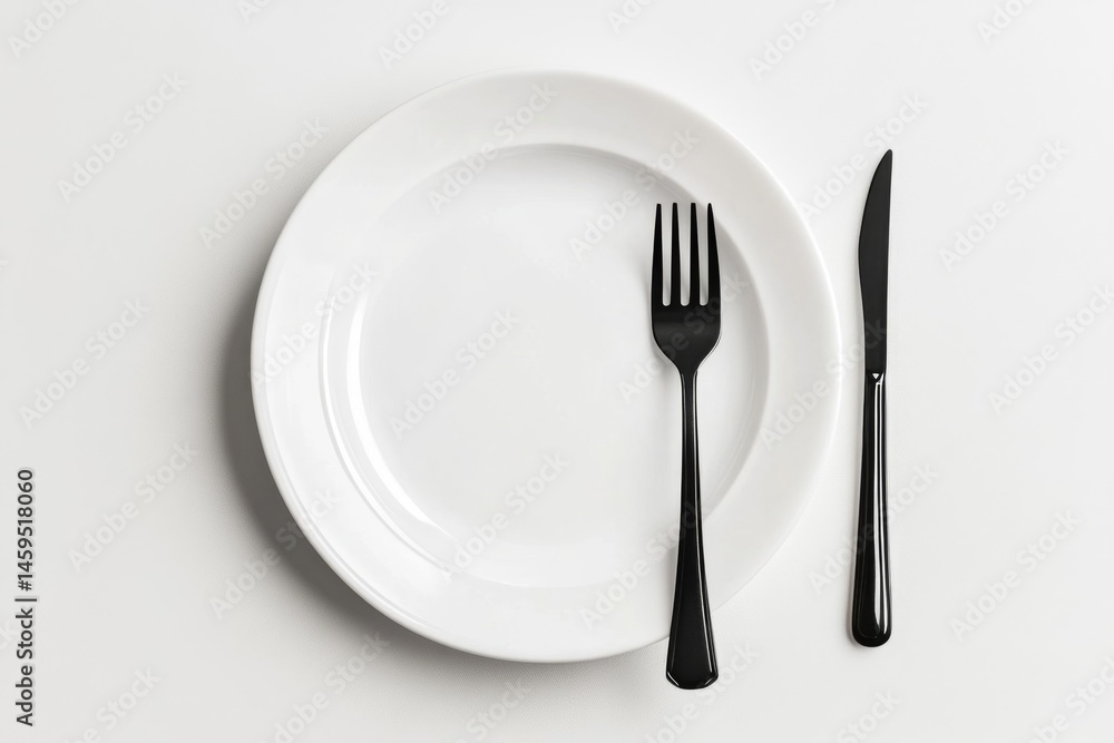 Empty white plate with black cutlery Empty white plate with black cutlery