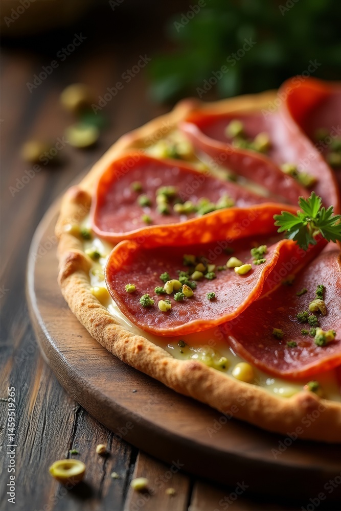 Gourmet pizza topped with mortadella, pistachios, microgreens, and olive oil drizzle. Captured in elegant rustic style with dramatic lighting. Created with AI Gourmet pizza topped with mortadella, pistachios, microgreens, and olive oil drizzle. Captured in elegant rustic style with dramatic lighting. Created with AI