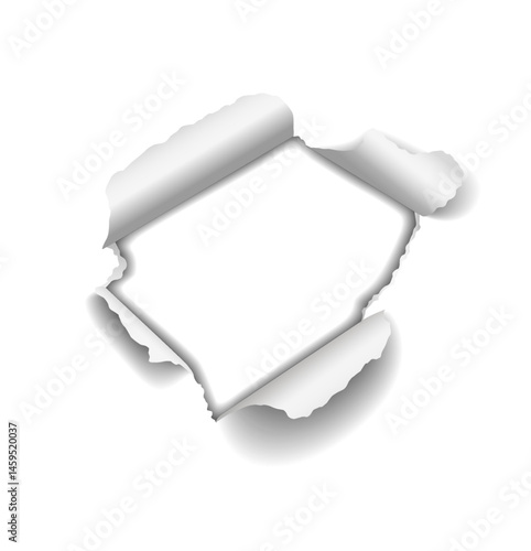 Vector realistic hole torn in white paper isolated on transparent background