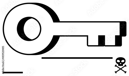 Large black-and-white key design paired with a skull and crossbones. Ideal for security, access, encryption, privacy, cyber threat, hacking prevention, and simple landing page