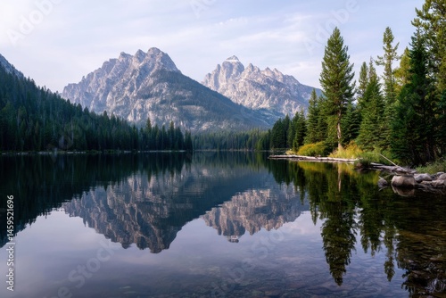 Lake reflection of mountain landscape with pine trees clear sky