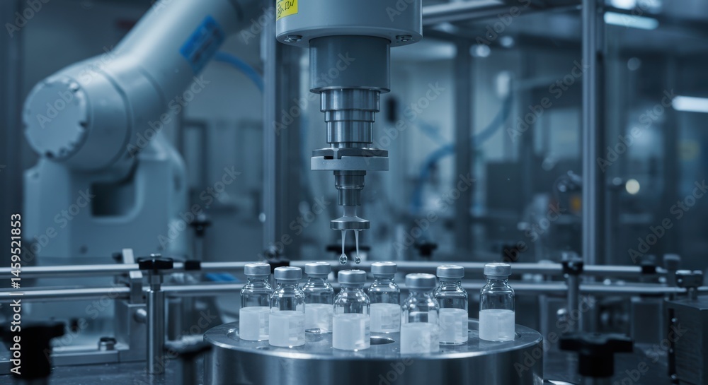 Automated Pharmaceutical Production Line with Robotic Arm Handling Vials in a Controlled Environment Automated Pharmaceutical Production Line with Robotic Arm Handling Vials in a Controlled Environment