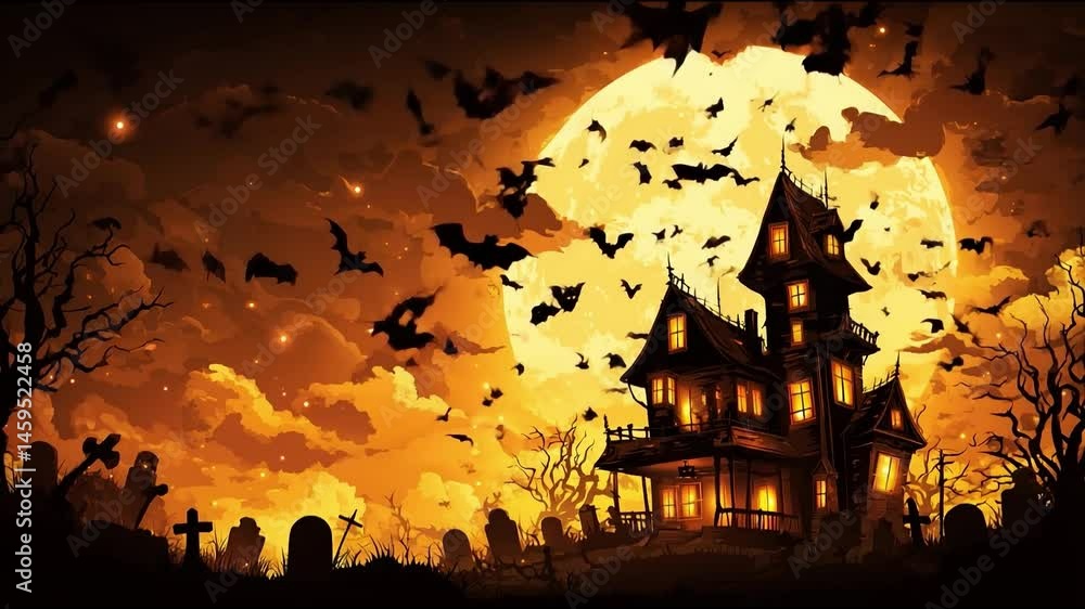 A dramatic Halloween illustration of a haunted house with glowing windows, surrounded by gravestones and flying bats under a massive full moon in an eerie, fiery sky.