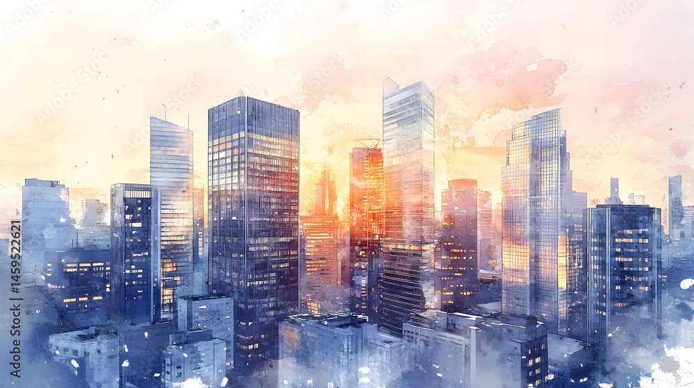 Fototapeta premium Sunset over a City Skyline with Soft Pastel Colors and Buildings