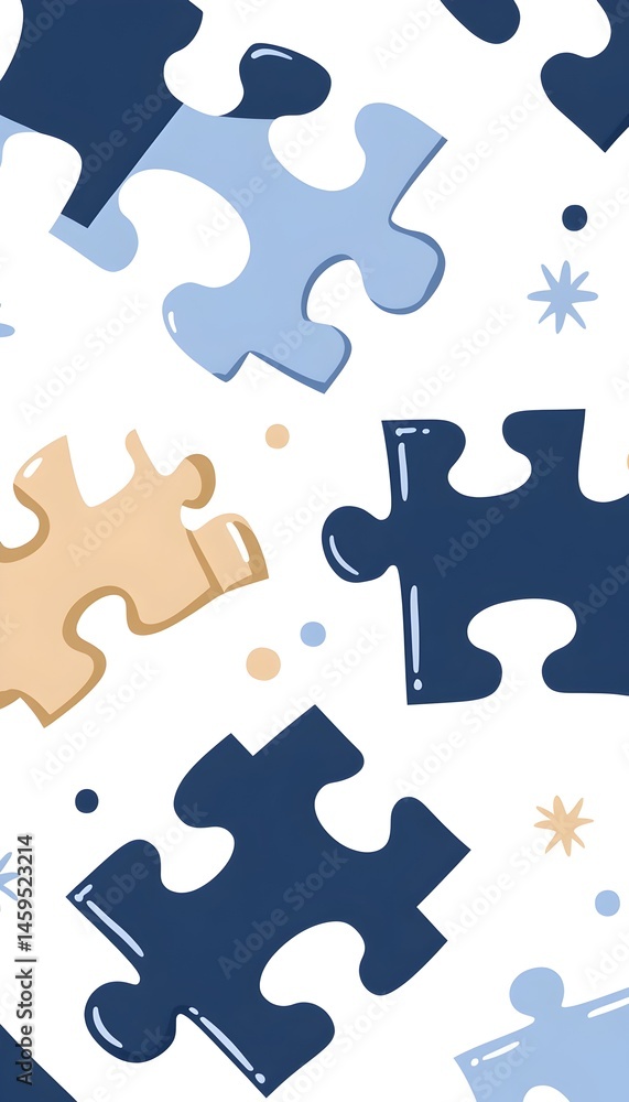 Fototapeta premium Abstract puzzle pieces pattern in blue, beige, and white