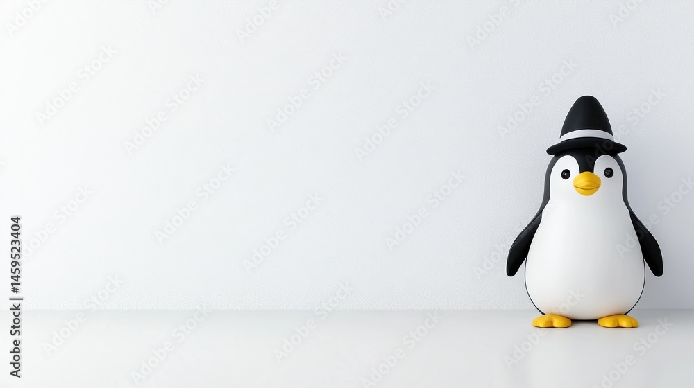 Obraz premium Adorable cartoon penguin in top hat minimalist white background