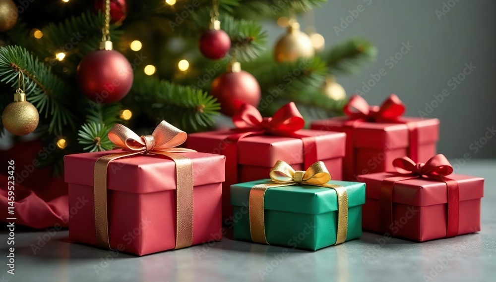 Colorful gift boxes with satin bows nestled under a decorated Christmas tree , christmas, blue Colorful gift boxes with satin bows nestled under a decorated Christmas tree , christmas, blue