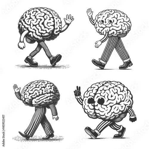 brains walking and waving Set collection bundle sketch engraving generative ai vector illustration. Scratch board imitation. Black and white image.