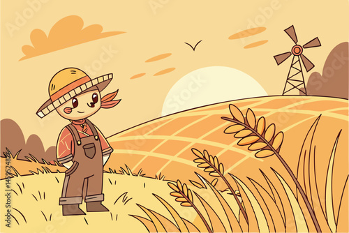 78 Cartoon scarecrow, golden wheat field, sunset sky, distant windmill, warm color palette, impressionist style, whimsical atmosphere, autumn harvest scene, straw hat, patchwork clothes, rustic countr