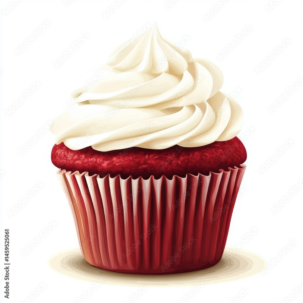 Delicious red velvet cupcake with white frosting. Fluffy, sweet, and decadent treat Delicious red velvet cupcake with white frosting. Fluffy, sweet, and decadent treat