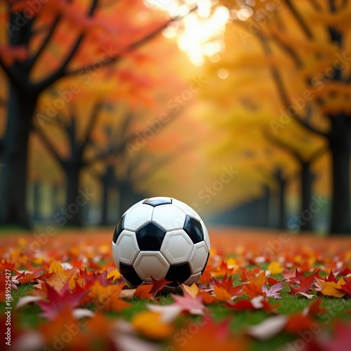 Soccer ball on fallen leaves in autumn park