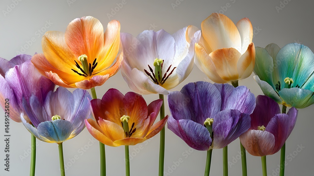 Fototapeta premium Row of vibrant, colorful, open tulip flower blossoms