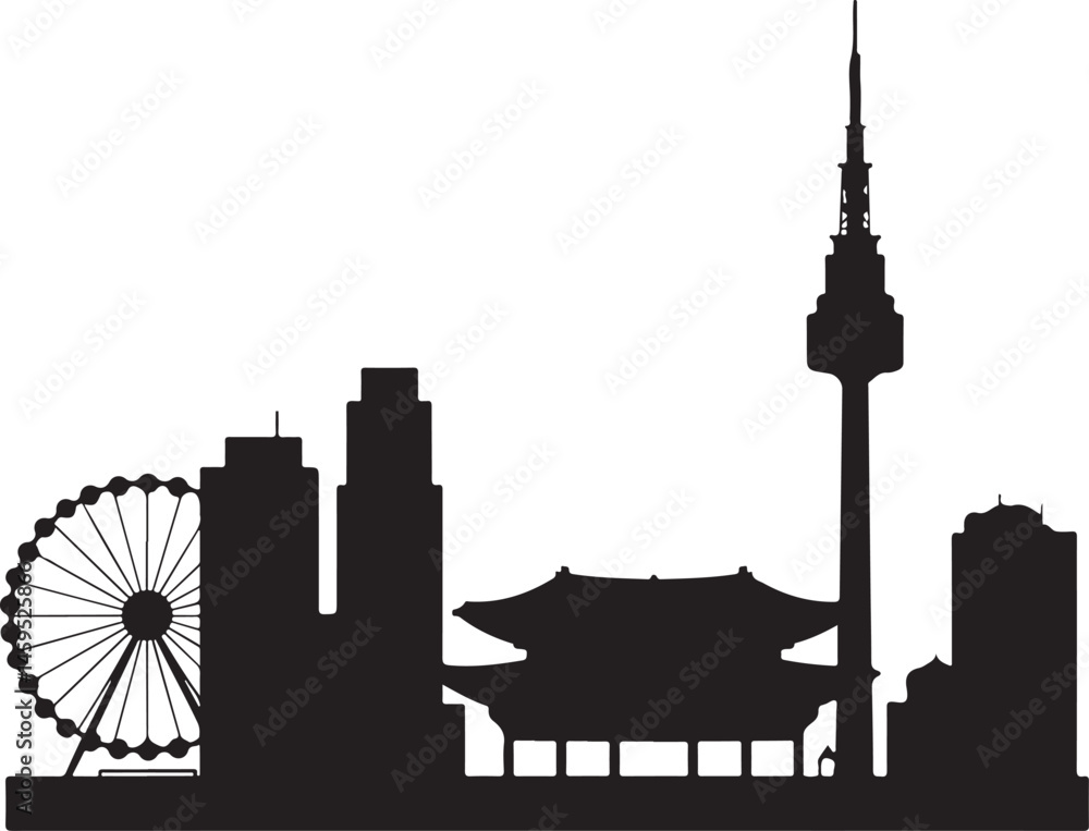 Fototapeta premium Seoul City Skyline Silhouette DesignN Seoul Tower and Urban View VectorTraditional Hanok and Modern Seoul SceneNighttime Seoul Cityscape SilhouetteIconic Landmarks of Seoul Vector Art