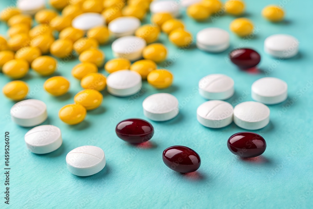 Assortment of different pharmaceutical pills in varying shapes and colors scattered on a light blue surface background. Assortment of different pharmaceutical pills in varying shapes and colors scattered on a light blue surface background.