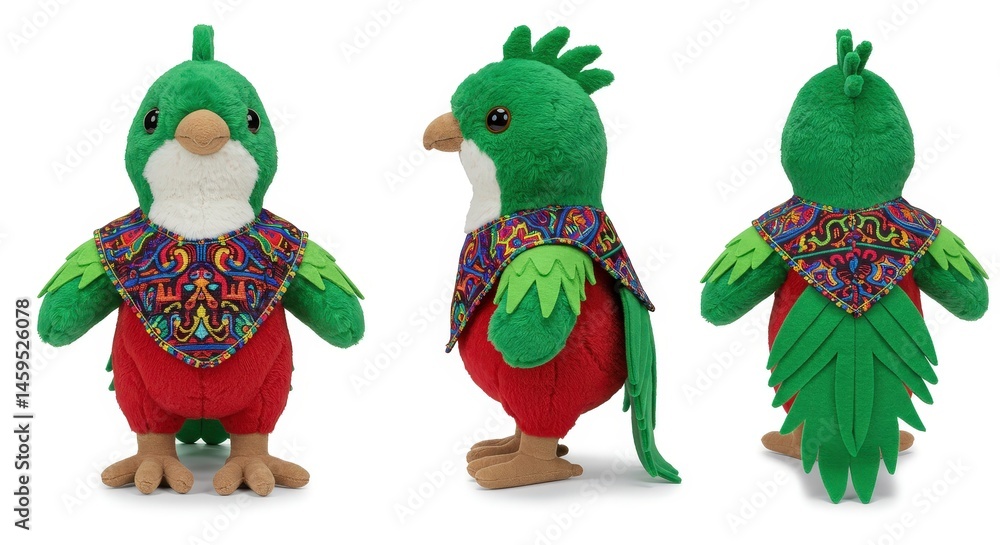 Fototapeta premium Plush quetzal toy featuring vibrant Mayan textiles from Guatemala for collectors and gifts