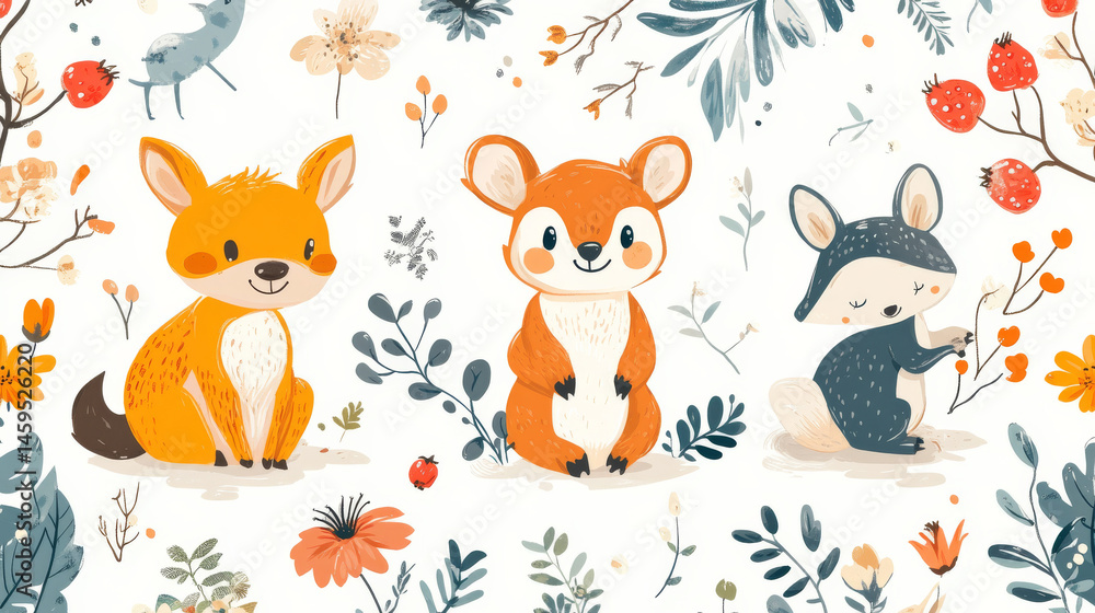 Fototapeta premium Seamless vector background featuring cartoon animals, berries, and flowers, ideal for kids' products