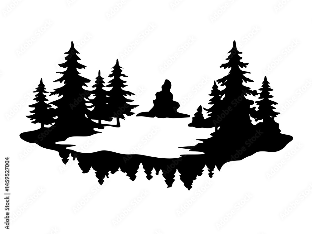 Fototapeta premium Silhouette of Frozen Lake with Pine Forest in Back, Winter Landscape Scene, Snowy Nature Art, Tranquil Forest Reflection, On Transparent Background
