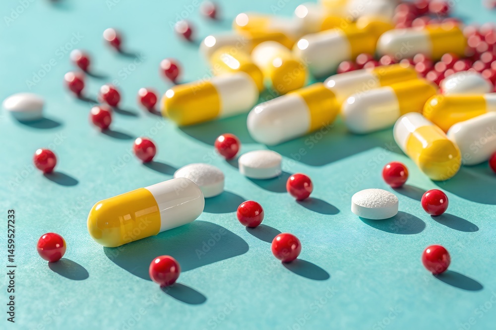 Colorful capsules tablets and red spheres scattered on a light blue surface representing healthcare and medication Colorful capsules tablets and red spheres scattered on a light blue surface representing healthcare and medication