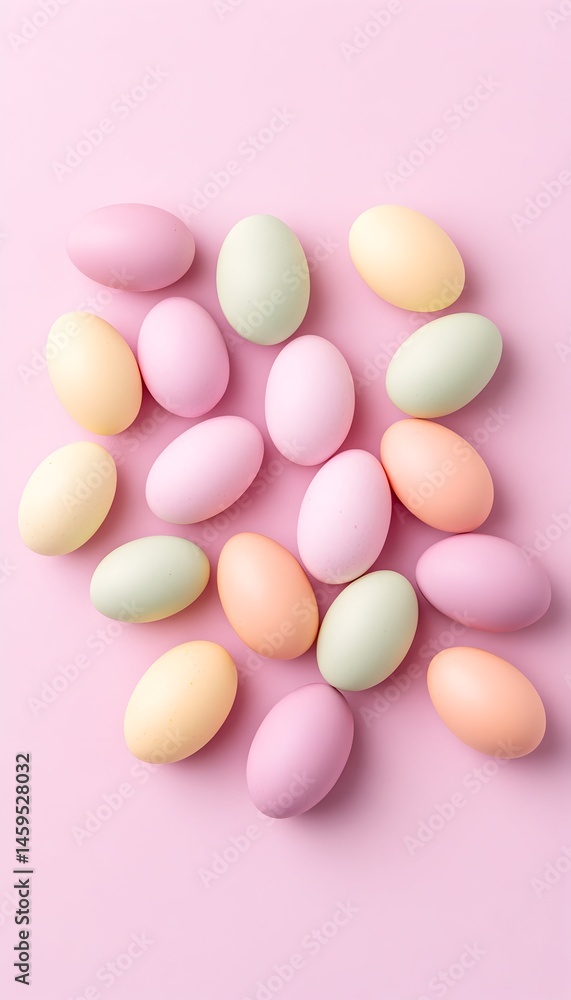 Pastel-colored eggs scattered on a pink background Pastel-colored eggs scattered on a pink background