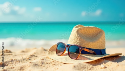 Stylish straw hat and sunglasses on sandy beach , lifestyle, close-up