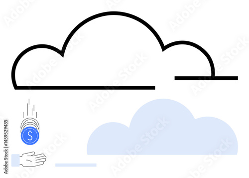 Cloud outline with blue cloud below and hand catching falling coin. Ideal for technology, finance, cloud computing, investments, digital currency, business solutions, simple landing page