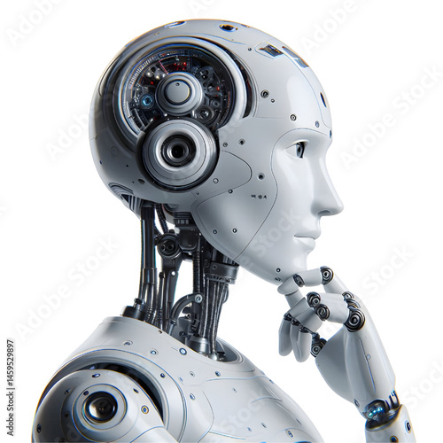 ai robot thinking, side view isolated on white background