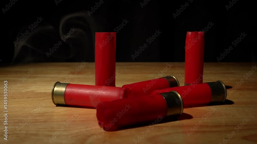 Shotgun shells fall steaming after firing and reloading onto a rough wooden floor