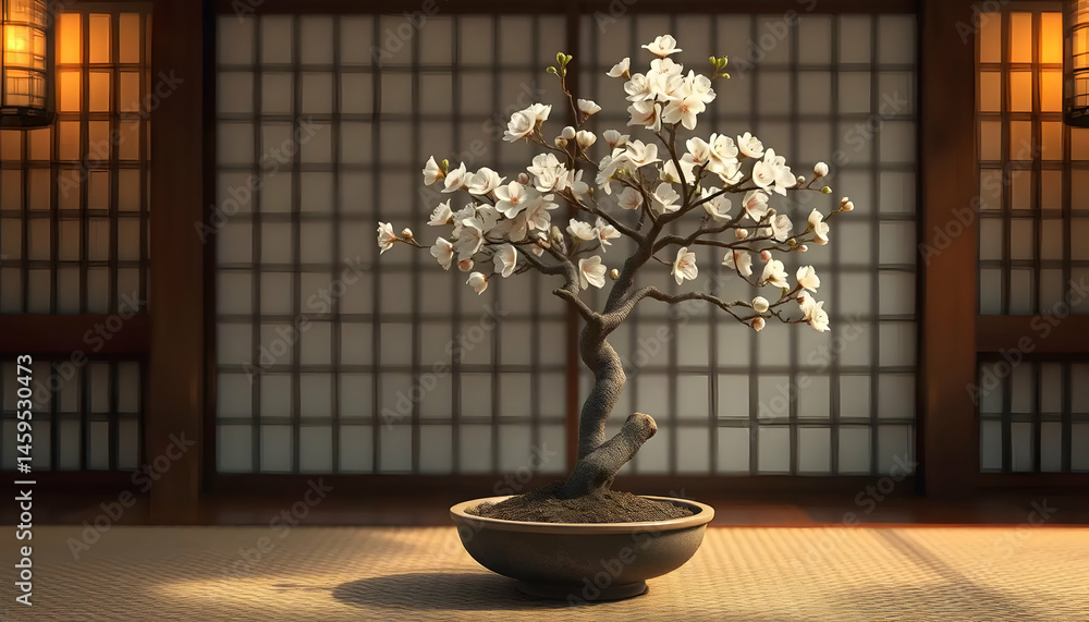 Beautiful Cherry Blossom Bonsai Tree In A Japanese Room With Soft Ambient Lighting Beautiful Cherry Blossom Bonsai Tree In A Japanese Room With Soft Ambient Lighting