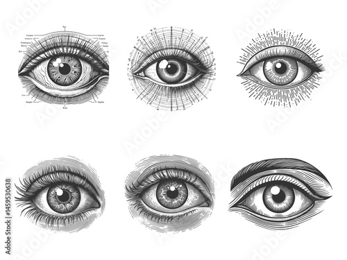 Anatomical Eye Set collection bundle sketch engraving generative ai vector illustration. Scratch board imitation. Black and white image.