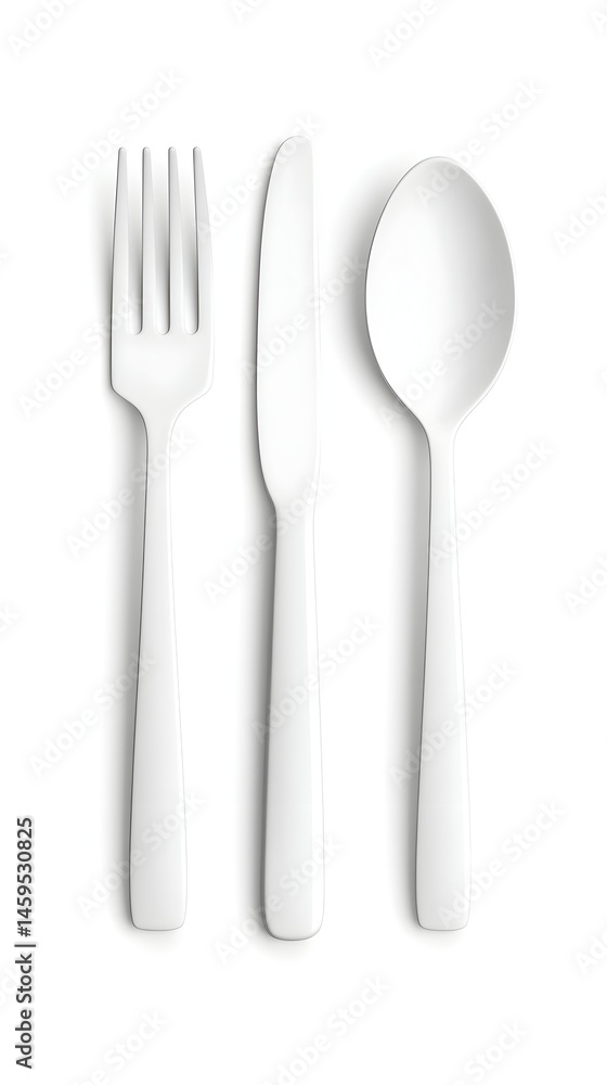 White plastic fork, knife, and spoon set White plastic fork, knife, and spoon set