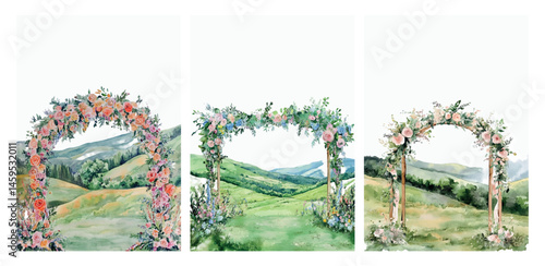 Watercolor wedding arches on a background of green hills. Rustic wedding arch decorated with flowers in nature. Watercolor templates in rustic style for wedding designs.
