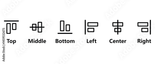 Icon set of Align design editor, icon of Top, Middle, Bottom, Left, Center and right for editing position design. Vector Icons Design Pack in transparent background.