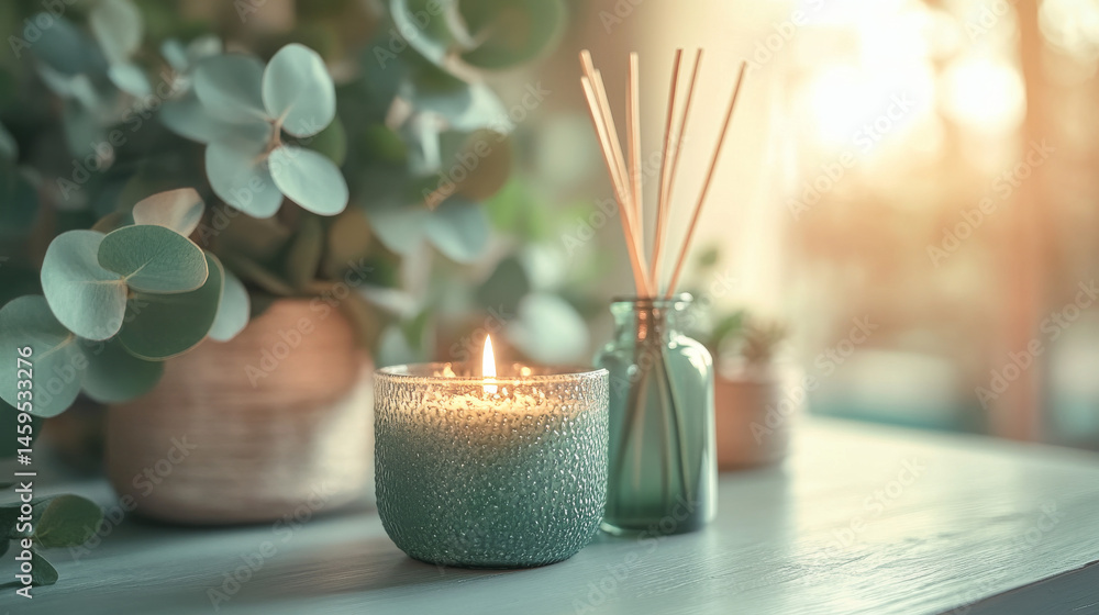 Fototapeta premium Tabletop display with eucalyptus leaves, candle, and aromatic reed diffuser in soft lighting