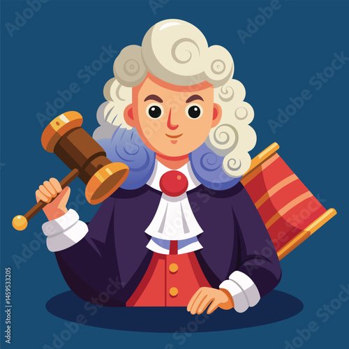 Judge Wearing Wig Holding Large Gavel – Flat Vector Courtroom Illustration