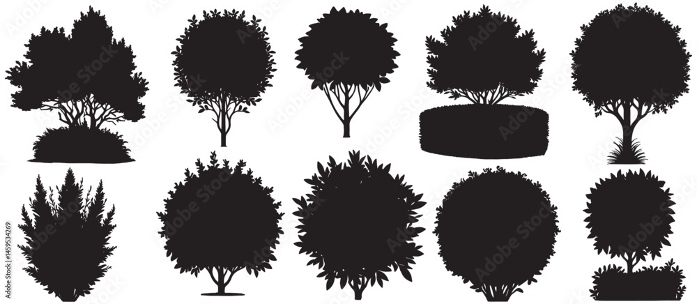set of trees silhouettes, garden tree, lawn tree silhouette vector set of trees silhouettes, garden tree, lawn tree silhouette vector
