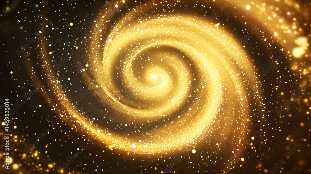 Spiral Galaxy with Golden Stars and Shimmering Cosmic Dust Effect