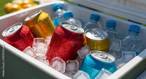 Beverage cans and bottles cooling in ice for outdoor barbecue  