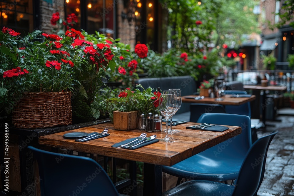 Fototapeta premium Romantic outdoor cafe dining, city alley, rainy evening