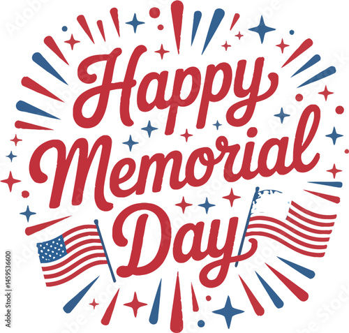 Whimsical red script – Happy Memorial Day festive greeting, A national holiday vector illustration. 