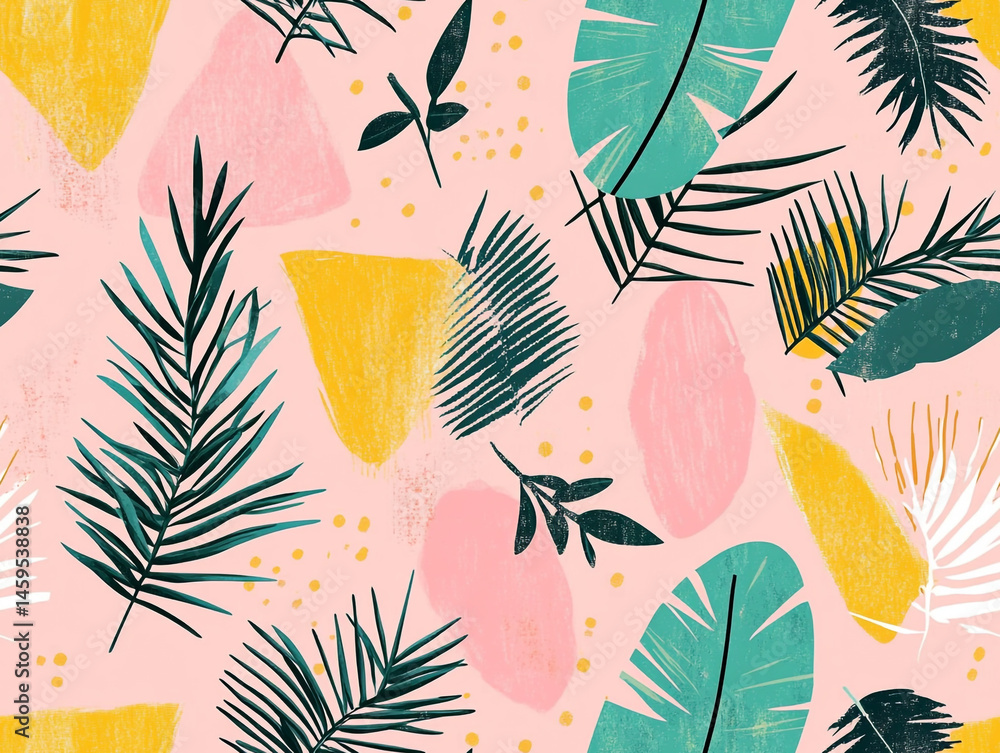 Fototapeta premium A vibrant pattern of tropical leaves and abstract shapes in teal, yellow, pink, and black adorns a light pink background.