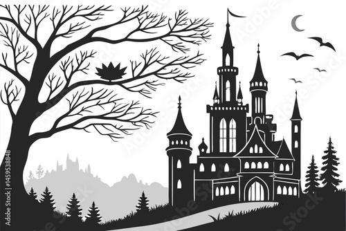 79 silhouette cityscape, fantasy town, medieval architecture, spires and towers, black and white, gothic style, fairy tale skyline, intricate details, whimsical buildings, mysterious atmosphere, magic