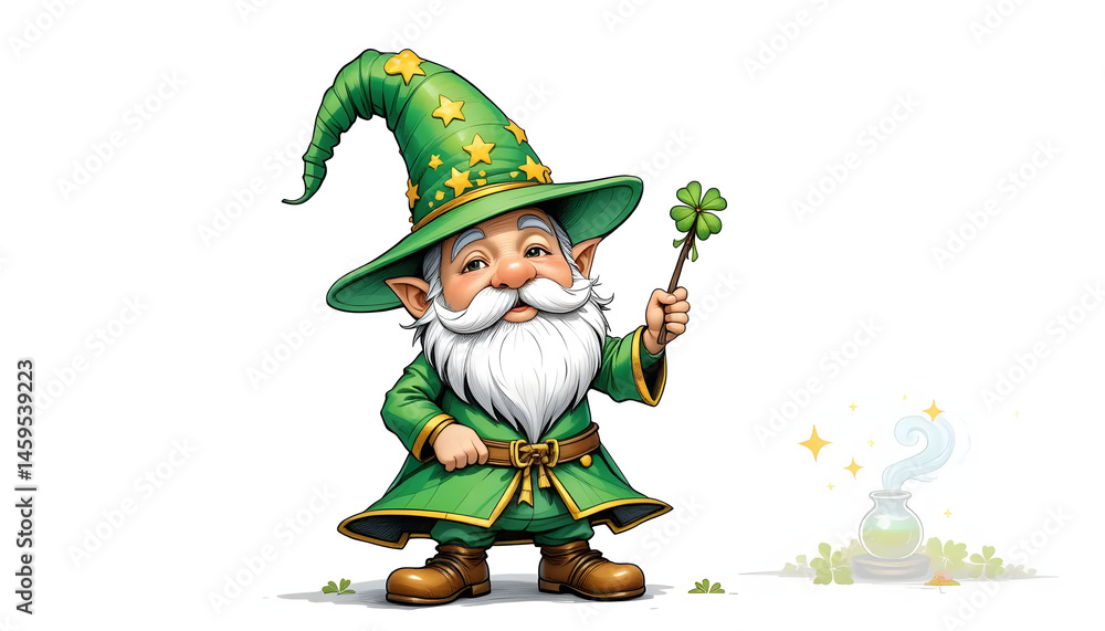 Fototapeta premium the artwork features a cartoon character, seemingly a gnome like figure, against a white background. the character sports a green outfit with gold trim, complete with a pointy hat adorned with stars