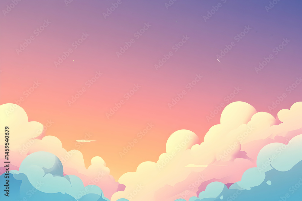 Cartoon clouds and sky display a gradient of colors at sunset or sunrise. Cartoon clouds and sky display a gradient of colors at sunset or sunrise.