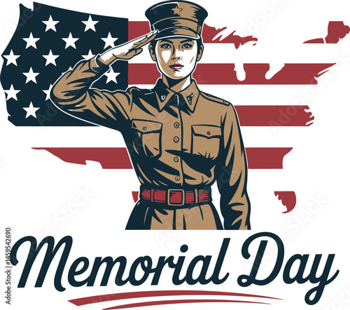 Veteran saluting with USA outline – Memorial Day tribute design, A national holiday vector illustration. 