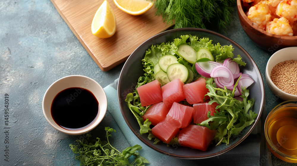 Delicious tuna sashimi with fresh ingredients for world tuna day celebration..