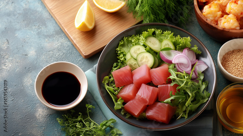 Obraz na płótnie Delicious tuna sashimi with fresh ingredients for world tuna day celebration.. w salonie